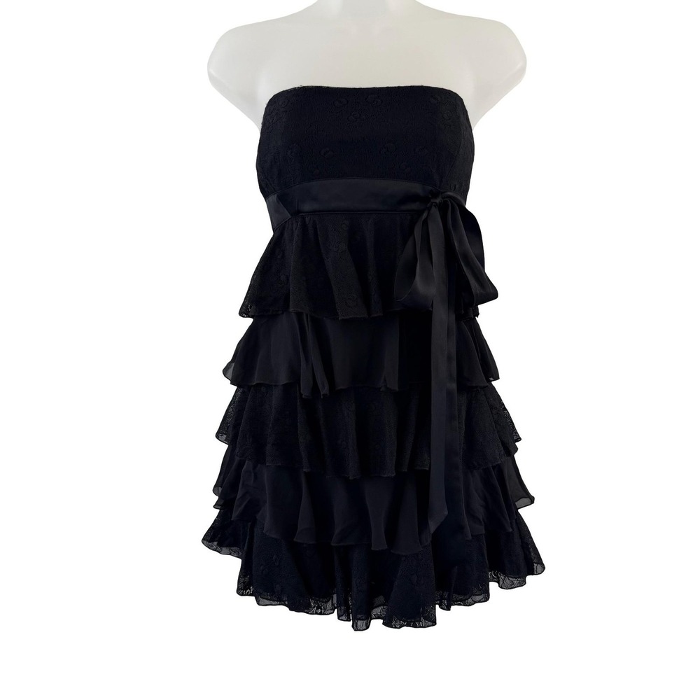 Bebe Dress Womens XS Black Lace Strapless Tiered Ruffle Mini Y2K Party Cocktail